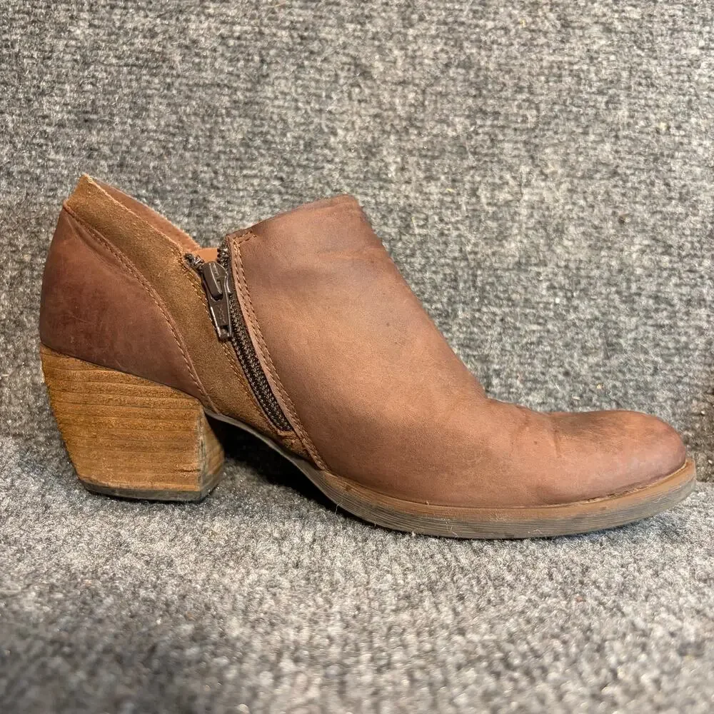Korks Brown Leather Suede Block Heel Side Zip Ankle Booties Shoes Women Size 8